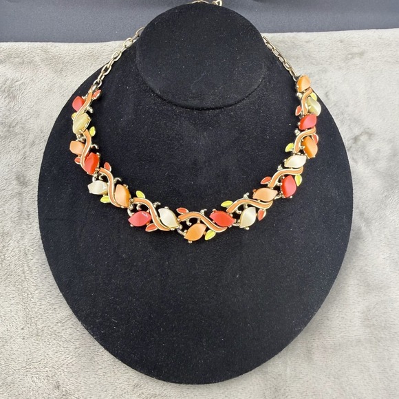 Estate Jewelry - Vintage Thermoset Necklace Orange Yellow Red Bright Spring 16"